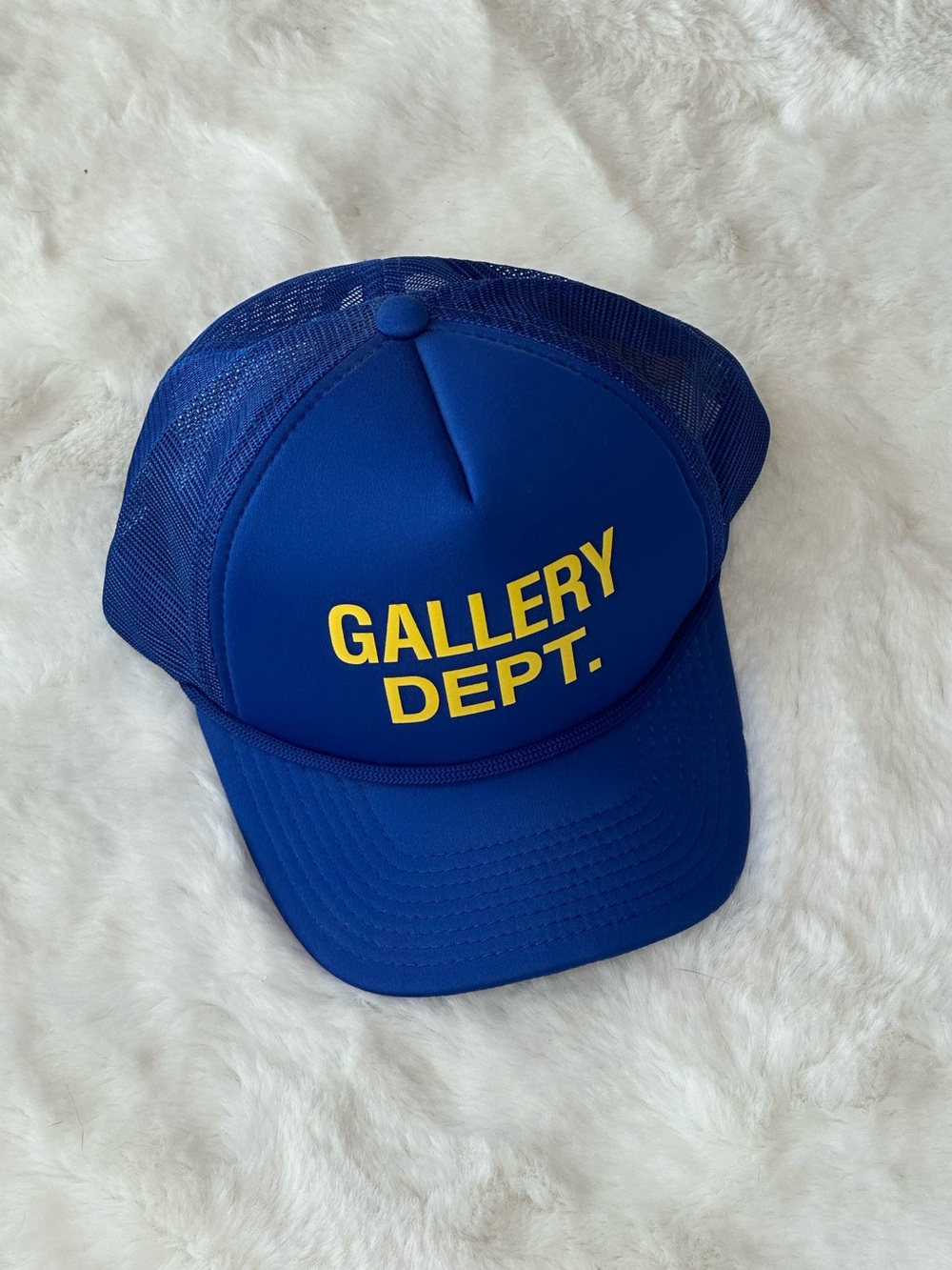Gallery Dept. snapback trucker hat in royal blue with a bold yellow logo